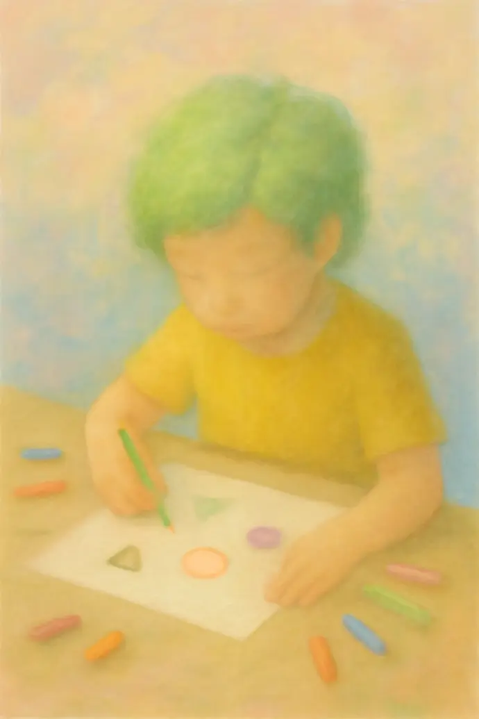 A young boy with curly hair, sitting at a table, deeply focused on solving a puzzle or creating something with building blocks. The scene captures his imaginative thinking process, with colorful shapes and tools scattered around, symbolizing his ability to solve problems and think creatively.
