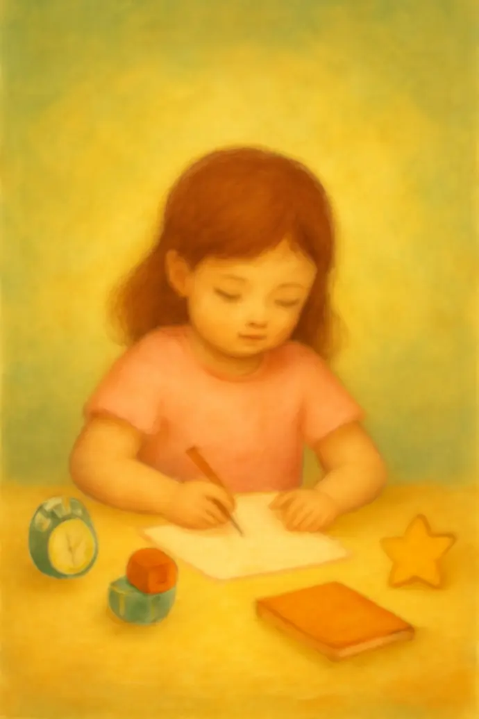 A young girl sitting at a table, completely engrossed in a task. She is surrounded by simple yet visually appealing items like a small clock, a notebook, and colorful toys, representing focus, discipline, and the motivation to grow.