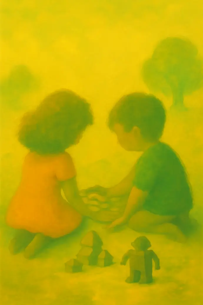 A young boy and girl sitting, working together to solve a puzzle or build something from blocks. The focus is on their teamwork and analytical thinking, with both children engaged in the process of solving problems and discovering solutions.