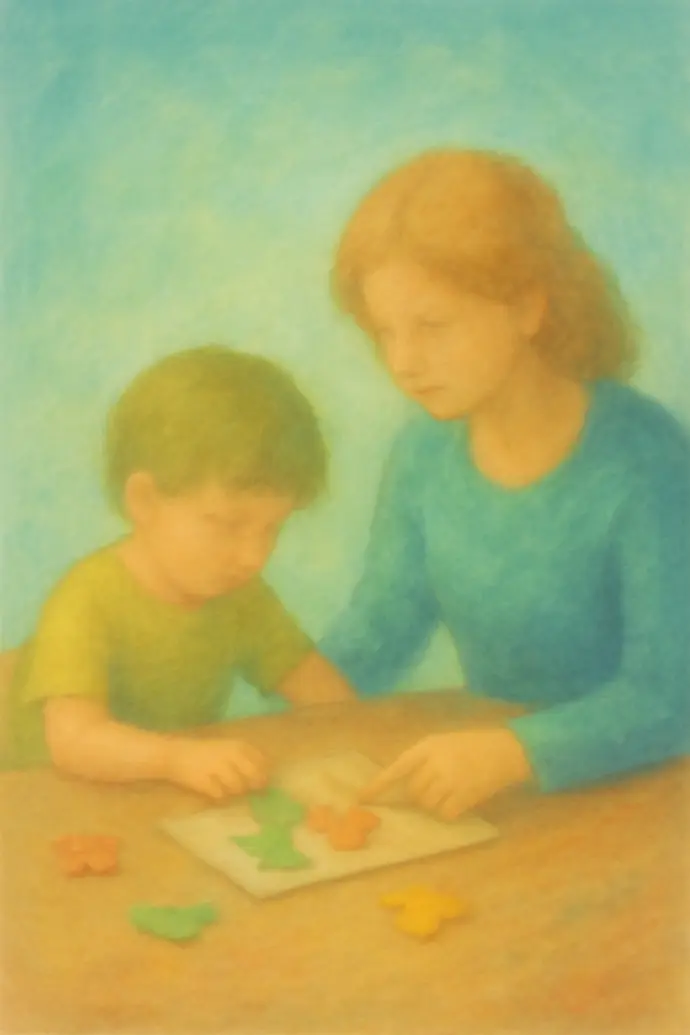 The illustration features a warm and loving family moment, where both parents (mom and dad) are sitting with their child, providing support and encouragement. The parents are guiding the child through a learning or playful activity, such as building blocks, reading, or drawing, symbolizing the active role of parents in fostering emotional and cognitive growth.